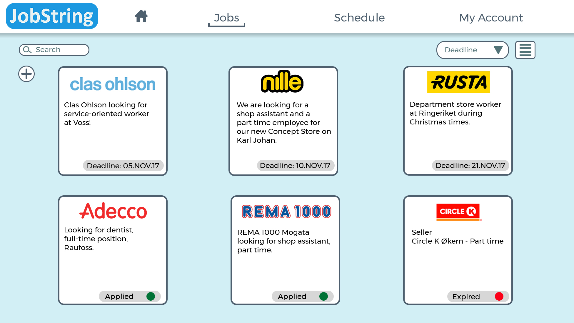 The Jobs page on JobString