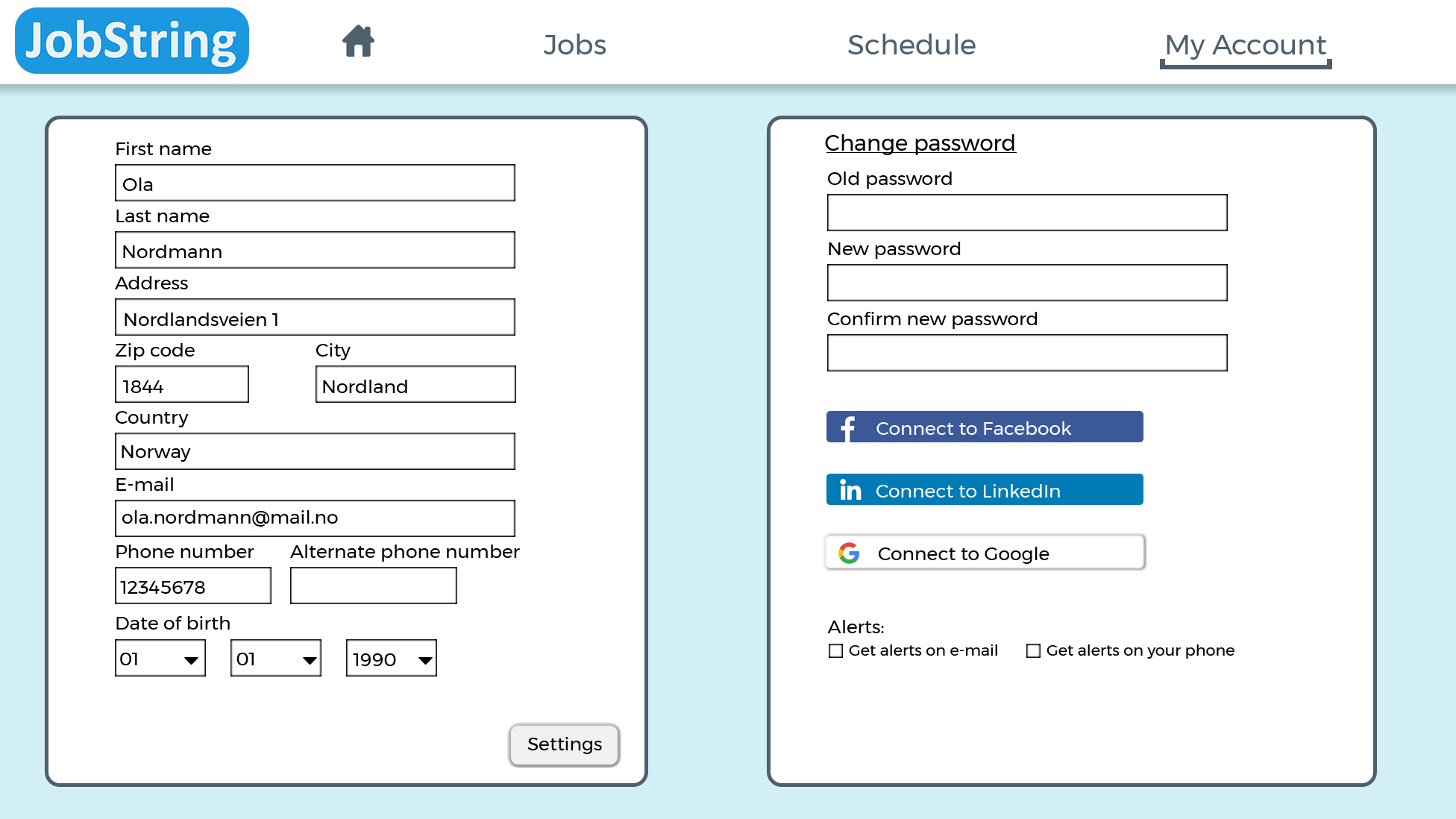 The My account page on JobString
